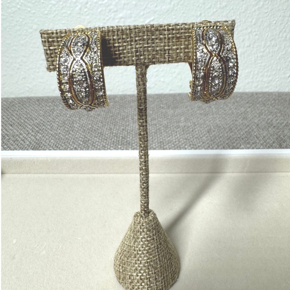 Vintage Clip On Earrings Womens OS Gold Silver Pave Crystal Wide Hoop Glam Chic
